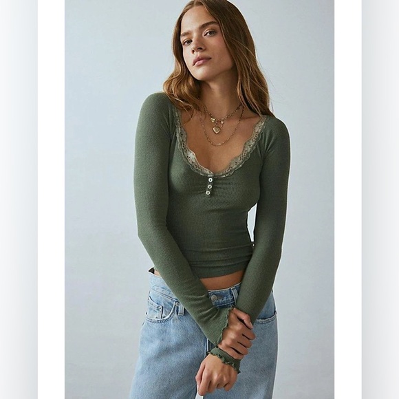 Urban Outfitters Tops - Urban Outfitters Olive Green Lace-Trim Ribbed Long Sleeve Top